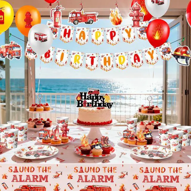 Alt view image 6 of 7 - Fire Truck Birthday Party Supplies, 103pcs Firetruck Birthday Decorations & Tableware Set - Fire Truck Party Plates Cups & Fire Truck Cake Decorations Banner etc Firefighter Birthday Party Decorations