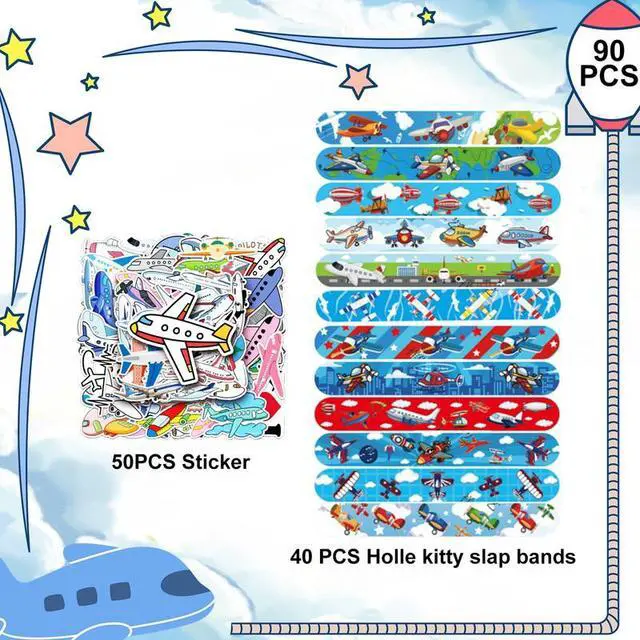 Alt view image 2 of 7 - Airplane Party Favors Set - 40pcs Airplane Slap Bracelets + 50pcs Airplane Birthday Stickers for Airplane Party Decorations, Airplane Birthday Party Favors for Kids