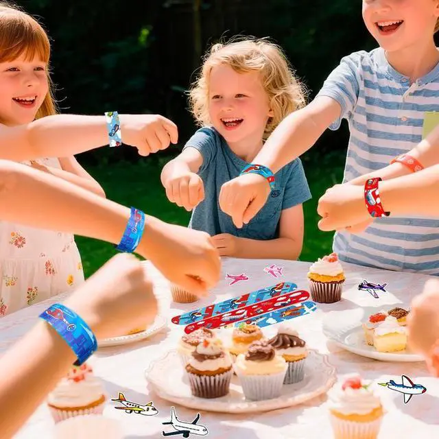 Alt view image 4 of 7 - Airplane Party Favors Set - 40pcs Airplane Slap Bracelets + 50pcs Airplane Birthday Stickers for Airplane Party Decorations, Airplane Birthday Party Favors for Kids