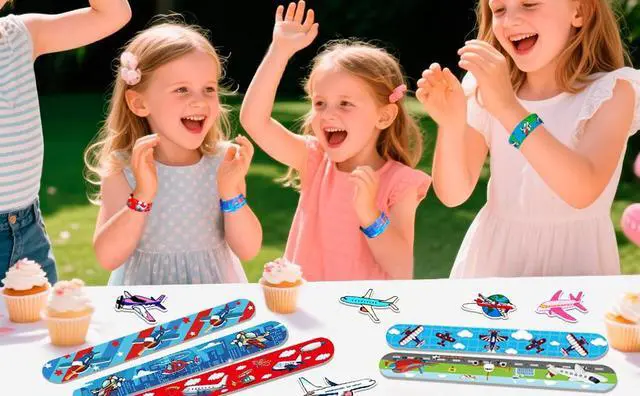 Alt view image 7 of 7 - Airplane Party Favors Set - 40pcs Airplane Slap Bracelets + 50pcs Airplane Birthday Stickers for Airplane Party Decorations, Airplane Birthday Party Favors for Kids