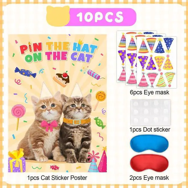 Alt view image 2 of 7 - Pin The Hat on The Cat Party Games, 7 Pcs Cat Birthday Party Games Kit - Cat Games Poster, Cat Party Games Blindfold & Cat Birthday Hat Stickers etc Cat Birthday Decorations Supplies