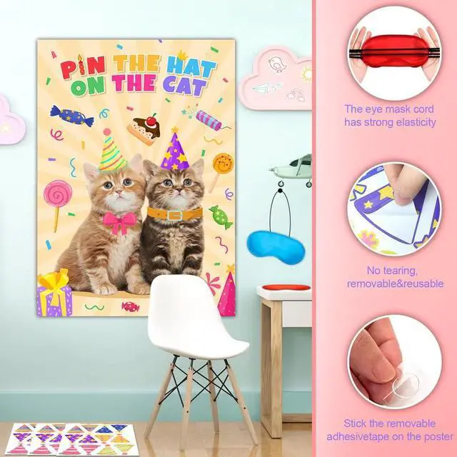 Alt view image 3 of 7 - Pin The Hat on The Cat Party Games, 7 Pcs Cat Birthday Party Games Kit - Cat Games Poster, Cat Party Games Blindfold & Cat Birthday Hat Stickers etc Cat Birthday Decorations Supplies