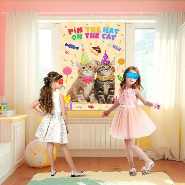 Alt view image 4 of 7 - Pin The Hat on The Cat Party Games, 7 Pcs Cat Birthday Party Games Kit - Cat Games Poster, Cat Party Games Blindfold & Cat Birthday Hat Stickers etc Cat Birthday Decorations Supplies