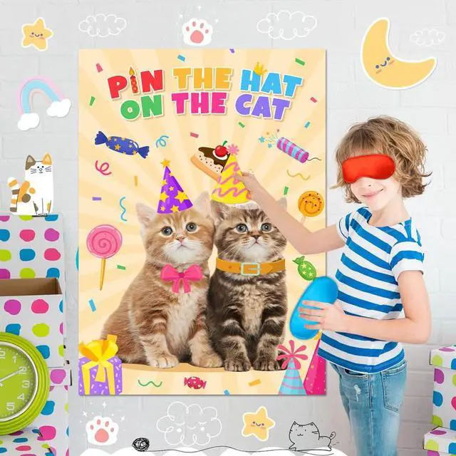 Alt view image 6 of 7 - Pin The Hat on The Cat Party Games, 7 Pcs Cat Birthday Party Games Kit - Cat Games Poster, Cat Party Games Blindfold & Cat Birthday Hat Stickers etc Cat Birthday Decorations Supplies