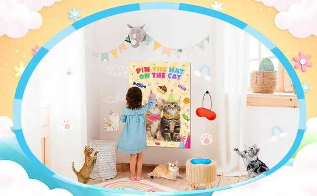 Alt view image 7 of 7 - Pin The Hat on The Cat Party Games, 7 Pcs Cat Birthday Party Games Kit - Cat Games Poster, Cat Party Games Blindfold & Cat Birthday Hat Stickers etc Cat Birthday Decorations Supplies