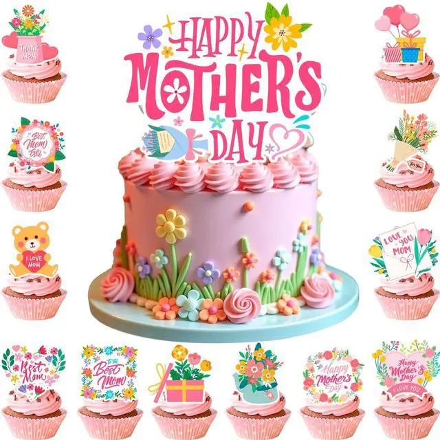Main image of Mother's Day Cake Topper, Mothers Day Cake Decorations Set - 1pcs Happy Mothers Day Cake Topper + 24pcs Happy Mothers Day Cupcake Toppers for Happy Mothers Day Decorations Supplies