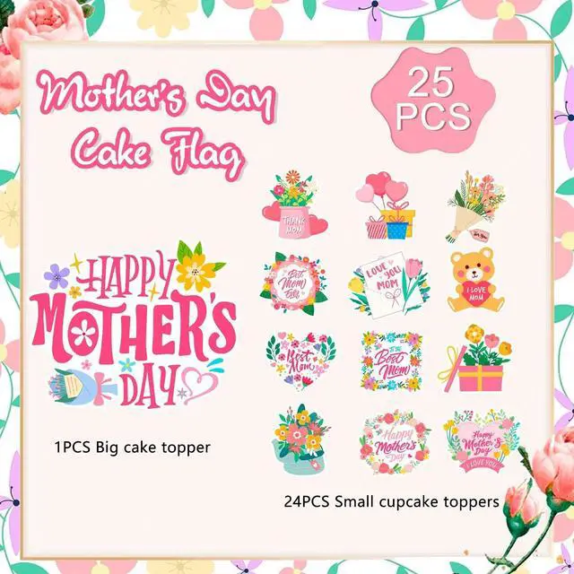 Alt view image 2 of 7 - Mother's Day Cake Topper, Mothers Day Cake Decorations Set - 1pcs Happy Mothers Day Cake Topper + 24pcs Happy Mothers Day Cupcake Toppers for Happy Mothers Day Decorations Supplies