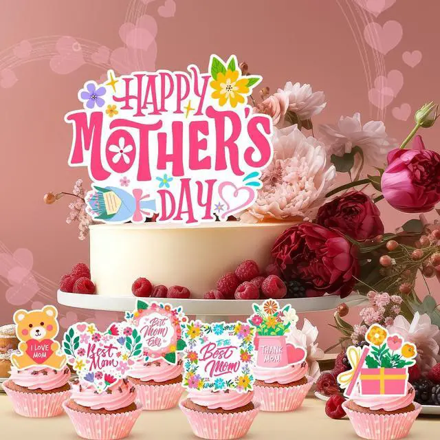 Alt view image 3 of 7 - Mother's Day Cake Topper, Mothers Day Cake Decorations Set - 1pcs Happy Mothers Day Cake Topper + 24pcs Happy Mothers Day Cupcake Toppers for Happy Mothers Day Decorations Supplies
