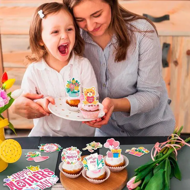 Alt view image 4 of 7 - Mother's Day Cake Topper, Mothers Day Cake Decorations Set - 1pcs Happy Mothers Day Cake Topper + 24pcs Happy Mothers Day Cupcake Toppers for Happy Mothers Day Decorations Supplies