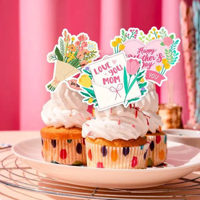 Alt view image 5 of 7 - Mother's Day Cake Topper, Mothers Day Cake Decorations Set - 1pcs Happy Mothers Day Cake Topper + 24pcs Happy Mothers Day Cupcake Toppers for Happy Mothers Day Decorations Supplies