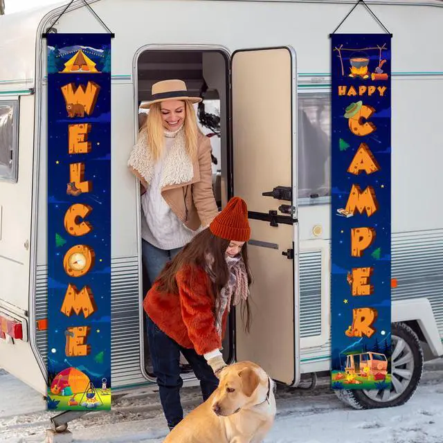 Alt view image 3 of 7 - Happy Welcome Camper Porch Banner, 2 Pcs 72''x12'' Welcome Camp Porch Sign, Welcome Camper Hanging Banner & Camping Porch Hanging Banner for Camping Party Decorations Supplies