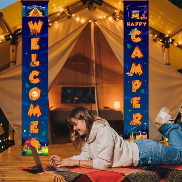 Alt view image 4 of 7 - Happy Welcome Camper Porch Banner, 2 Pcs 72''x12'' Welcome Camp Porch Sign, Welcome Camper Hanging Banner & Camping Porch Hanging Banner for Camping Party Decorations Supplies
