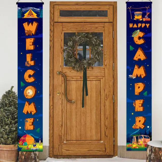 Alt view image 6 of 7 - Happy Welcome Camper Porch Banner, 2 Pcs 72''x12'' Welcome Camp Porch Sign, Welcome Camper Hanging Banner & Camping Porch Hanging Banner for Camping Party Decorations Supplies