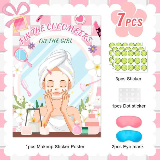 Alt view image 2 of 7 - Spa Party Games, 7pcs Pin The Cucumber on The Girl Set - Spa Game Poster, Cucumber Stickers & Spa Birthday Party Decorations Blindfold for Women Kids Spa Party Supplies