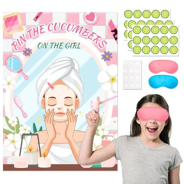 Alt view image 3 of 7 - Spa Party Games, 7pcs Pin The Cucumber on The Girl Set - Spa Game Poster, Cucumber Stickers & Spa Birthday Party Decorations Blindfold for Women Kids Spa Party Supplies