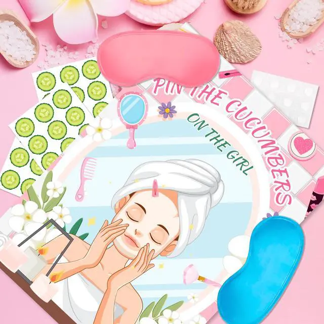 Alt view image 4 of 7 - Spa Party Games, 7pcs Pin The Cucumber on The Girl Set - Spa Game Poster, Cucumber Stickers & Spa Birthday Party Decorations Blindfold for Women Kids Spa Party Supplies