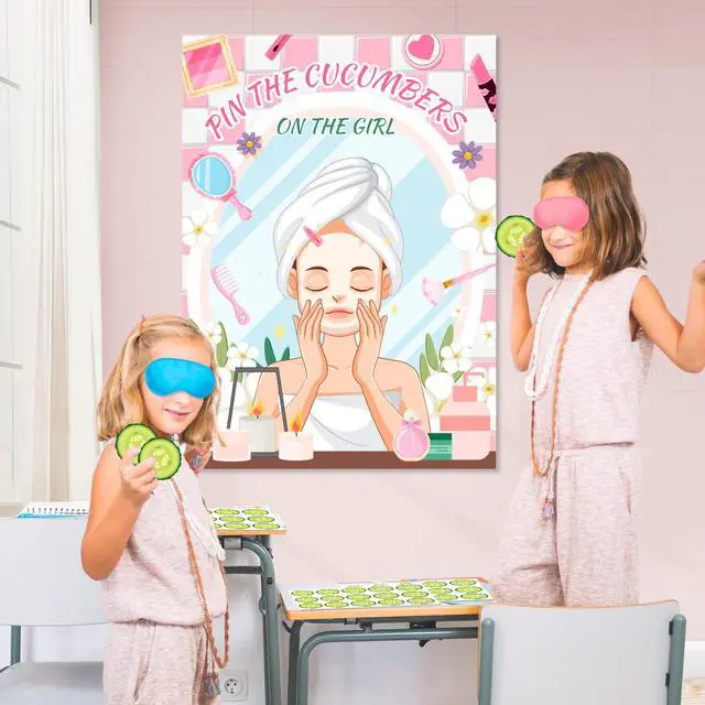 Alt view image 6 of 7 - Spa Party Games, 7pcs Pin The Cucumber on The Girl Set - Spa Game Poster, Cucumber Stickers & Spa Birthday Party Decorations Blindfold for Women Kids Spa Party Supplies