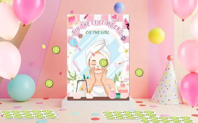 Alt view image 7 of 7 - Spa Party Games, 7pcs Pin The Cucumber on The Girl Set - Spa Game Poster, Cucumber Stickers & Spa Birthday Party Decorations Blindfold for Women Kids Spa Party Supplies