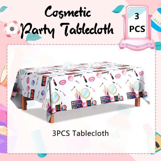 Alt view image 2 of 7 - Makeup Party Tablecloth, 3 Pcs Makeup Theme Tablecloth Spa Party Table Cover for Spa Birthday Party Decorations, Spa Birthday Party Tablecloth for Makeup Spa Party Decorations Supplies (108'' x 54'')