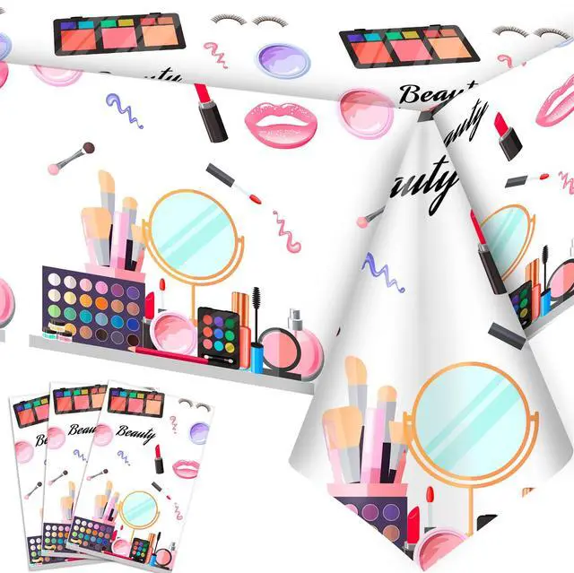 Main image of Makeup Party Tablecloth, 3 Pcs Makeup Theme Tablecloth Spa Party Table Cover for Spa Birthday Party Decorations, Spa Birthday Party Tablecloth for Makeup Spa Party Decorations Supplies (108'' x 54'')