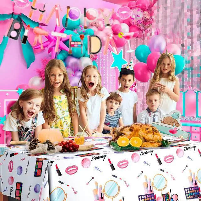 Alt view image 4 of 7 - Makeup Party Tablecloth, 3 Pcs Makeup Theme Tablecloth Spa Party Table Cover for Spa Birthday Party Decorations, Spa Birthday Party Tablecloth for Makeup Spa Party Decorations Supplies (108'' x 54'')