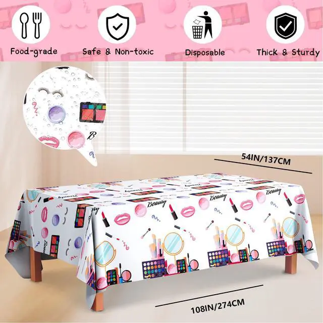 Alt view image 3 of 7 - Makeup Party Tablecloth, 3 Pcs Makeup Theme Tablecloth Spa Party Table Cover for Spa Birthday Party Decorations, Spa Birthday Party Tablecloth for Makeup Spa Party Decorations Supplies (108'' x 54'')