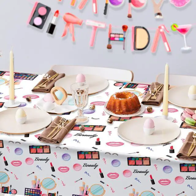 Alt view image 6 of 7 - Makeup Party Tablecloth, 3 Pcs Makeup Theme Tablecloth Spa Party Table Cover for Spa Birthday Party Decorations, Spa Birthday Party Tablecloth for Makeup Spa Party Decorations Supplies (108'' x 54'')