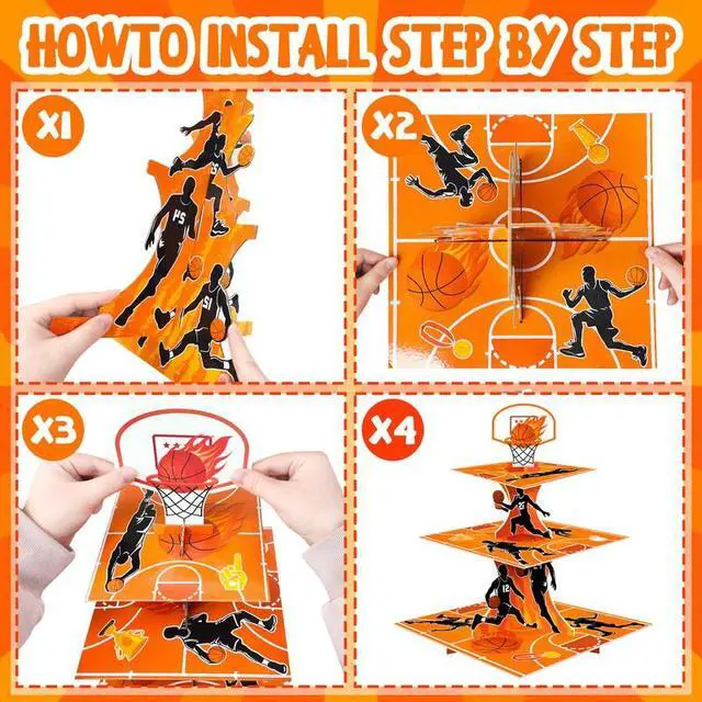 Alt view image 6 of 7 - Basketball Cupcake Stand, 3 Tier Basketball Party Decorations Cupcake Stand - Basketball Theme Party Cupcake Stand Sports Theme Party Cupcake Tower, for Basketball Theme Birthday Party Decorations