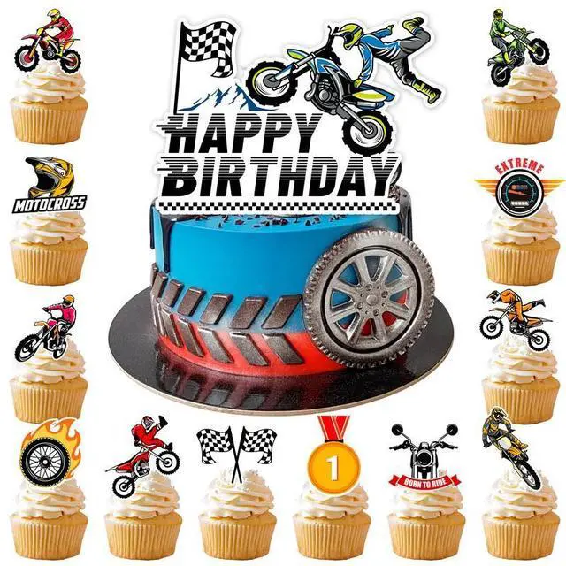 Main image of Motorcycle Cake Topper, 24 Pcs Motorcycle Cupcake Toppers/Dirtbike Cupcake Toppers + 1 Pcs Dirt Bike Cake Topper/Motorcycle Birthday Cake Decorations, for Dirt Bike Birthday Party Decorations Supplies