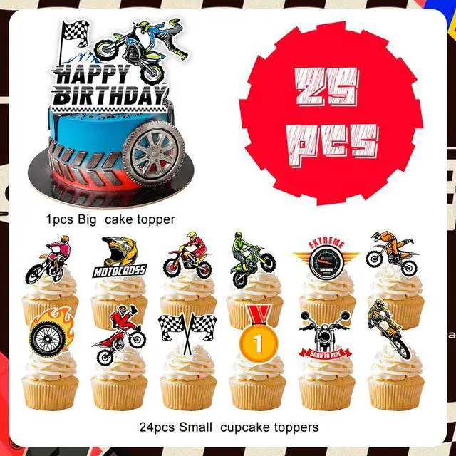 Alt view image 2 of 7 - Motorcycle Cake Topper, 24 Pcs Motorcycle Cupcake Toppers/Dirtbike Cupcake Toppers + 1 Pcs Dirt Bike Cake Topper/Motorcycle Birthday Cake Decorations, for Dirt Bike Birthday Party Decorations Supplies