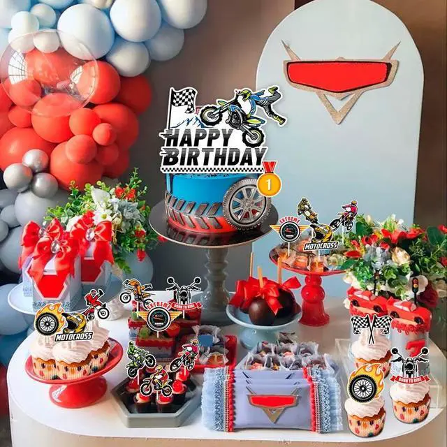 Alt view image 4 of 7 - Motorcycle Cake Topper, 24 Pcs Motorcycle Cupcake Toppers/Dirtbike Cupcake Toppers + 1 Pcs Dirt Bike Cake Topper/Motorcycle Birthday Cake Decorations, for Dirt Bike Birthday Party Decorations Supplies