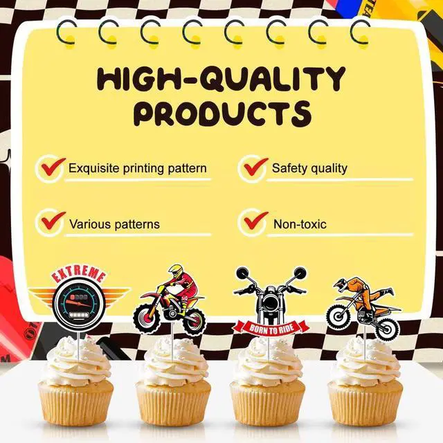Alt view image 6 of 7 - Motorcycle Cake Topper, 24 Pcs Motorcycle Cupcake Toppers/Dirtbike Cupcake Toppers + 1 Pcs Dirt Bike Cake Topper/Motorcycle Birthday Cake Decorations, for Dirt Bike Birthday Party Decorations Supplies
