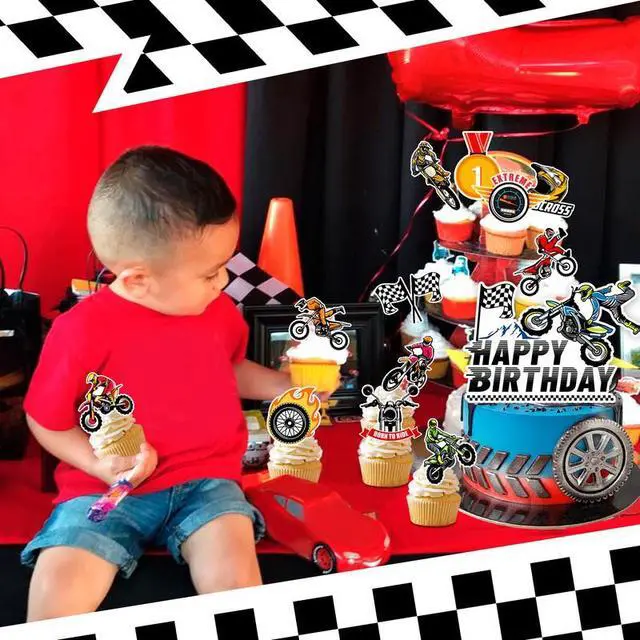 Alt view image 5 of 7 - Motorcycle Cake Topper, 24 Pcs Motorcycle Cupcake Toppers/Dirtbike Cupcake Toppers + 1 Pcs Dirt Bike Cake Topper/Motorcycle Birthday Cake Decorations, for Dirt Bike Birthday Party Decorations Supplies