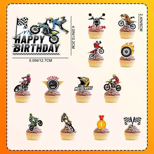 Alt view image 7 of 7 - Motorcycle Cake Topper, 24 Pcs Motorcycle Cupcake Toppers/Dirtbike Cupcake Toppers + 1 Pcs Dirt Bike Cake Topper/Motorcycle Birthday Cake Decorations, for Dirt Bike Birthday Party Decorations Supplies