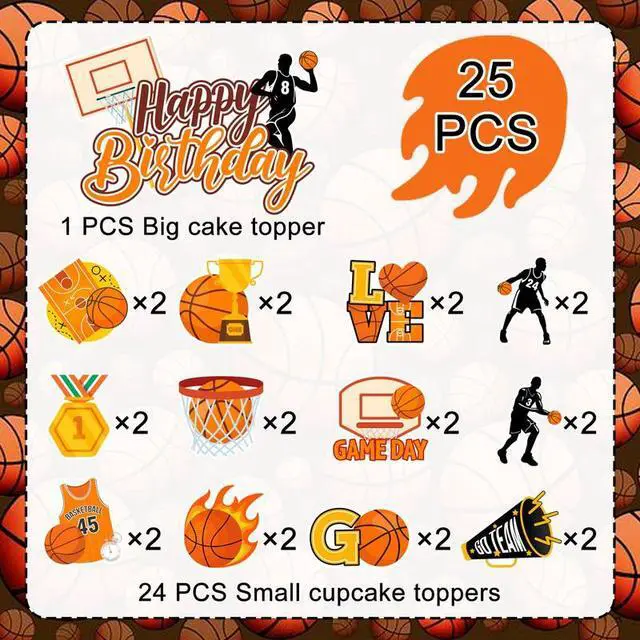 Alt view image 2 of 7 - Basketball Cake Topper, 24 Pcs Basketball Cupcake Toppers/Basketball Party Cupcake Toppers & 1 Pcs Basketball Cake Decorations/Basketball Birthday Cake Topper for Basketball Party Decorations Supplies