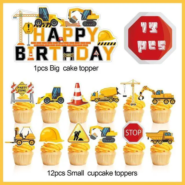 Alt view image 2 of 7 - Construction Cake Topper, 13 Pcs Construction Cake Decorations Set-Construction Birthday Cake Topper & Construction Cupcake Toppers/Excavator Cupcake Toppers for Construction Birthday Party Supplies