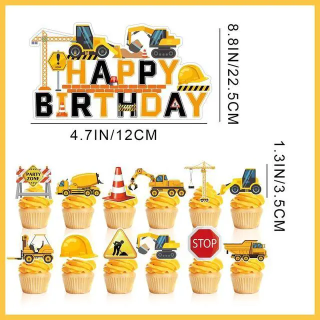 Alt view image 7 of 7 - Construction Cake Topper, 13 Pcs Construction Cake Decorations Set-Construction Birthday Cake Topper & Construction Cupcake Toppers/Excavator Cupcake Toppers for Construction Birthday Party Supplies