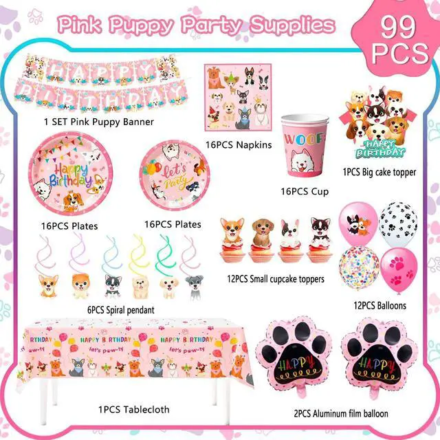 Alt view image 2 of 7 - Puppy Birthday Decorations,161pcs Puppy Party Decorations & Pink Dog Tableware Set- Pink Puppy Plates Cups Napkins & Dog Birthday Banner Balloons Cupcake Toppers etc Dog Birthday Party Supplies