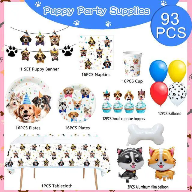 Alt view image 2 of 7 - Puppy Dog Birthday Party Supplies,148pcs Dog Party Decorations & Dog Birthday Party Tableware Set- Dog Birthday Banner,Puppy Balloons&Puppy Party Plates Cups Table Cloth etc Dog Themed Party Supplies