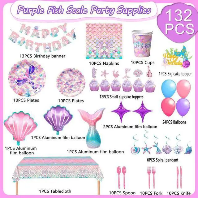 Alt view image 2 of 7 - Mermaid Party Supplies,132 Pcs Mermaid Birthday Party Supplies Kit - Mermaid Birthday Plates Cups Napkins Tablecloth & Mermaid Banner Balloons Hanging Swirl etc Mermaid Birthday Decorations for Girls
