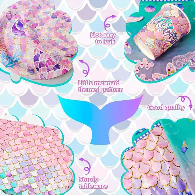 Alt view image 4 of 7 - Mermaid Party Supplies,132 Pcs Mermaid Birthday Party Supplies Kit - Mermaid Birthday Plates Cups Napkins Tablecloth & Mermaid Banner Balloons Hanging Swirl etc Mermaid Birthday Decorations for Girls
