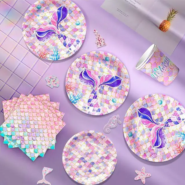 Alt view image 3 of 7 - Mermaid Party Supplies,132 Pcs Mermaid Birthday Party Supplies Kit - Mermaid Birthday Plates Cups Napkins Tablecloth & Mermaid Banner Balloons Hanging Swirl etc Mermaid Birthday Decorations for Girls