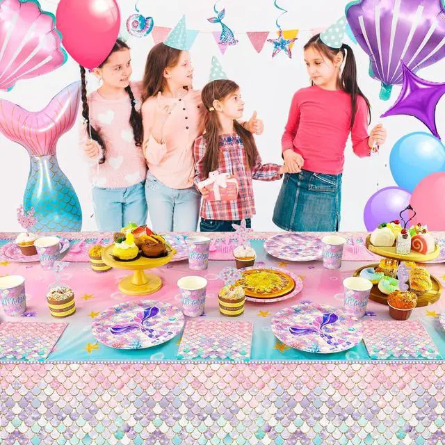 Alt view image 5 of 7 - Mermaid Party Supplies,132 Pcs Mermaid Birthday Party Supplies Kit - Mermaid Birthday Plates Cups Napkins Tablecloth & Mermaid Banner Balloons Hanging Swirl etc Mermaid Birthday Decorations for Girls