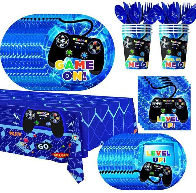 Main image of Gamer Birthday Decorations Blue, 113pcs Gaming Party Tableware Set - Game Themed Party Plate Cups Napkins Tablecloth etc Video Game Birthday Party Supplies for Boys/Girls Kids, Serves 16