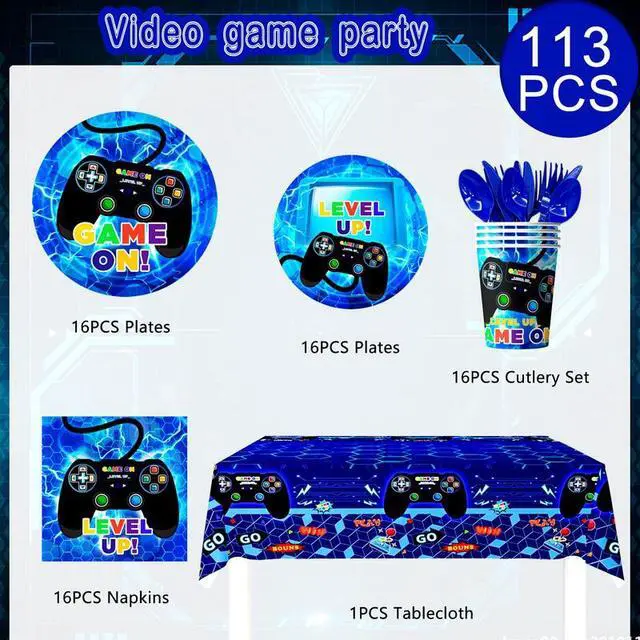 Alt view image 2 of 7 - Gamer Birthday Decorations Blue, 113pcs Gaming Party Tableware Set - Game Themed Party Plate Cups Napkins Tablecloth etc Video Game Birthday Party Supplies for Boys/Girls Kids, Serves 16