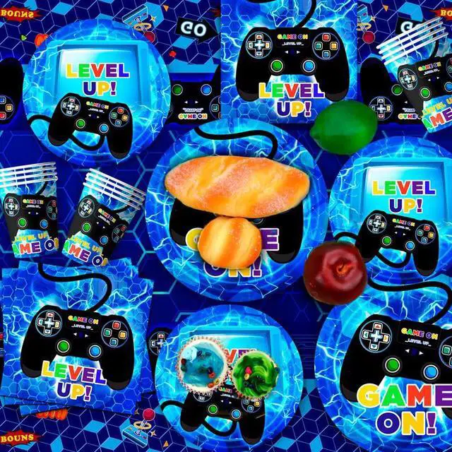 Alt view image 3 of 7 - Gamer Birthday Decorations Blue, 113pcs Gaming Party Tableware Set - Game Themed Party Plate Cups Napkins Tablecloth etc Video Game Birthday Party Supplies for Boys/Girls Kids, Serves 16