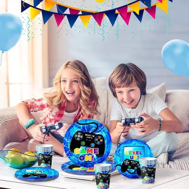 Alt view image 4 of 7 - Gamer Birthday Decorations Blue, 113pcs Gaming Party Tableware Set - Game Themed Party Plate Cups Napkins Tablecloth etc Video Game Birthday Party Supplies for Boys/Girls Kids, Serves 16