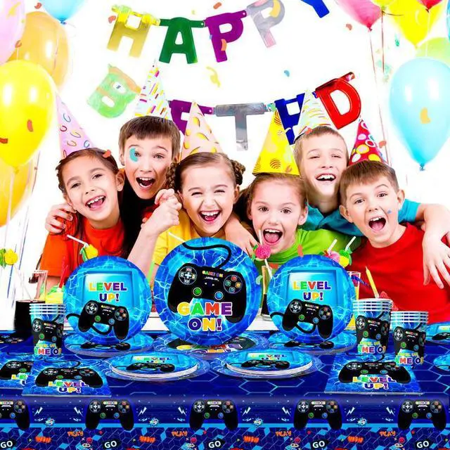 Alt view image 5 of 7 - Gamer Birthday Decorations Blue, 113pcs Gaming Party Tableware Set - Game Themed Party Plate Cups Napkins Tablecloth etc Video Game Birthday Party Supplies for Boys/Girls Kids, Serves 16