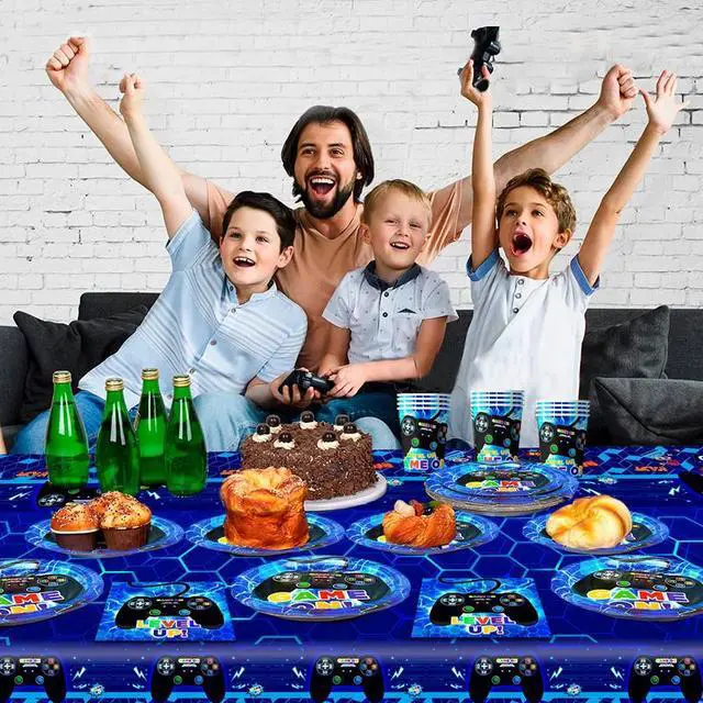 Alt view image 6 of 7 - Gamer Birthday Decorations Blue, 113pcs Gaming Party Tableware Set - Game Themed Party Plate Cups Napkins Tablecloth etc Video Game Birthday Party Supplies for Boys/Girls Kids, Serves 16