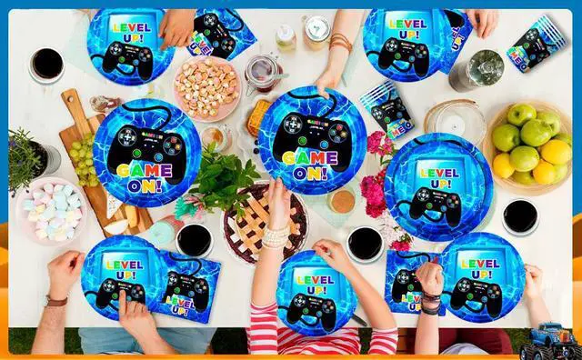 Alt view image 7 of 7 - Gamer Birthday Decorations Blue, 113pcs Gaming Party Tableware Set - Game Themed Party Plate Cups Napkins Tablecloth etc Video Game Birthday Party Supplies for Boys/Girls Kids, Serves 16